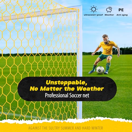 Professional Soccer Goal Replacement Net 24x8FT, 18.5x6.5FT, Upgraded Durability [4mm Nylon, 4" Hexagonal], Enhanced All-Weather, Higher Tensile Strength & More Abrasion Resistant (Net Only) - color: Yellow, size: Regular 18.5' W x 6.5' H x 3' D x 6.5' B