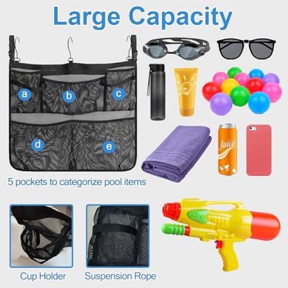 Pool Side Storage mesh bag, 24 x20" Above Ground Swimming Pool side Hanging Organizer Net Basket for Towels, Cups, Toys, Outdoor Pool Accessories with Hooks Attaches to Poolside and Fence (Black) - size: Small