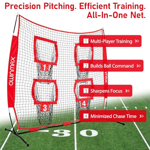 6x6 ft Football Trainer Throwing Net, Training Target Practice with 4 Targets, Includes Carry Bag and Ground Stake, Black and Red, Great for Kids and Youth - color: Red