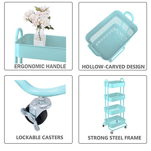 Melody House 4-Tier Metal Mesh Utility Rolling Cart Storage Organizer Shelf Rack with Lockable Wheels for Living Room Kitchen Office, Turquoise