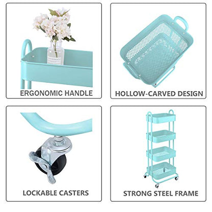 Melody House 4-Tier Metal Mesh Utility Rolling Cart Storage Organizer Shelf Rack with Lockable Wheels for Living Room Kitchen Office, Turquoise