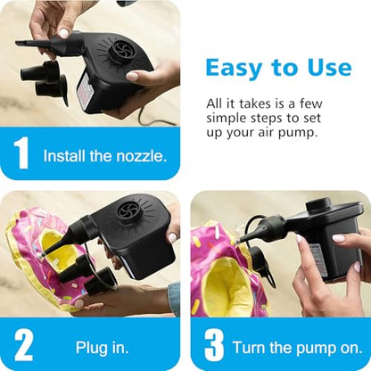 Electric Air Pump for Inflatables,Portable Quick-Fill Air Pump with 3 Nozzles,110V AC/12V DC,Inflator & Deflator Pumps for Outdoor Camping,Air Mattress Beds,Boats,Inflatable Cushion,Couch,Pool Floats