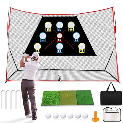 Professional Golf Net, 10x7Ft Golf Practice Hitting Net with Scoring Target Cloth, Tri-Turf Mat, Balls, Tee, Carring Bag, Scorecard, Portable Hitting Nets for Backyard Traning Chipping Indoor Outdoor
