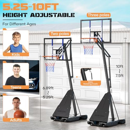 Asbest Basketball Hoop Outdoor Portable 44 Inch Backboard, 5.3-10FT Adjustable Goal System with Wheels for Kids, Teens & Adults, Backyard & Driveway