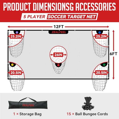 ZEALFEEL Soccer Target Net, 12x6ft Goal Net with 5 Scoring Zones for Practice Shooting & Goal Shots, Anti-Tear Mesh, 3 Steel Rods, Removable Stick-On Markers, Portable Football Training Equipment