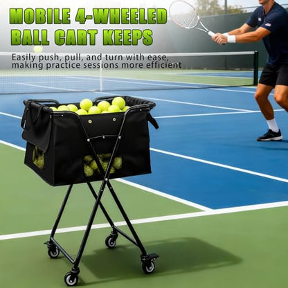 Tennis Ball Hopper Cart with 4 Wheels，Foldable Large Capacity Pickleball & Tennis Ball Collector for Court Training, Coaching