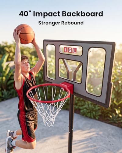 IGL Portable Basketball Hoop, 5.6-10FT Adjustable Basketball Goal System, 40/44 Inch Outdoor Basketball Hoop & Goals for Kids, Youth, and Adults in The Backyard, Driveway with PC Backboard - color: Gray Black