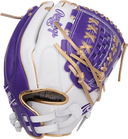 Rawlings | Liberty Advanced Color Series Fastpitch Softball Glove - color: White / Purple / Gold | X-Laced Basket Web, size: 12.5" | Utility