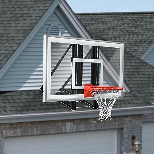 Roof Mounted Basketball Hoop Garage Includes 48" Or 60'' Crystal-Clear Tempered Glass Backboard, Durable Steel Universal Bracket and Double Spring Breakaway Rim with Net