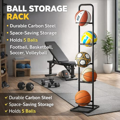 Vertical Ball Storage Rack - Adjustable 5-Tier Sports Organizer Stand for Basketball, Soccer, Volleyball and More（56.7inches） - style: 5-tier without Basket