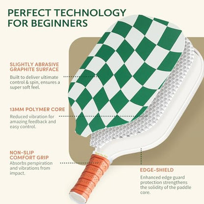 Pickleball Paddles Set of 2/4- USAPA Approved Graphite/Fiberglass Pickleball Racket, 2 Pickleball Rackets, 4 Balls and 1 Portable Carry Bag, Aesthetic Pickle Ball Set for Men Women Beginners - color: 2 Wave Check | Dark Green | Graphite