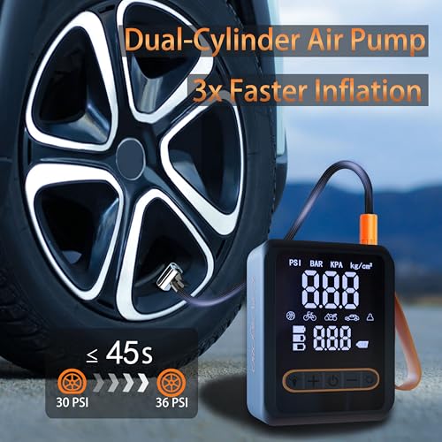 Tire Inflator Portable Air Compressor, 150PSI Heavy-Duty Dual-Cylinder Air Pump, 12V DC and Cordless Tire Pump, 3X Faster Inflation, with Digital Pressure Gauge, LED Light and Auto Shut-Off