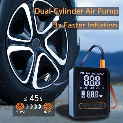 Tire Inflator Portable Air Compressor, 150PSI Heavy-Duty Dual-Cylinder Air Pump, 12V DC and Cordless Tire Pump, 3X Faster Inflation, with Digital Pressure Gauge, LED Light and Auto Shut-Off