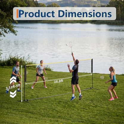 16.8FT Portable Badminton Net with Carry Bag, Height Adjustable Volleyball Net 3.5-5Ft, Complete Pickleball Set with Badminton Rackets, Shuttlecocks, Pickleball Paddles, for Indoor Outdoor Use