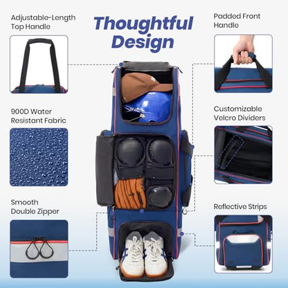 81L Rolling Baseball Bag with Wheels, Softball Catchers Gear Bags for 4 Bats (Fits Up To 34"), Separate Shoe Compartment, Safety Reflective Strip, Fence Hook, Foldable T-Bag for Youth & Adult - color: Blue