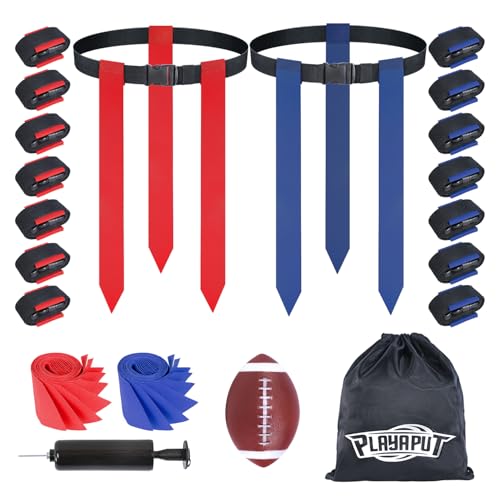 Flag Football Belts, 14 Player Adjustable Flag Football Set With 42 Football Flags,Size 3 Football, Pump and Storage Bag, Size Adjustable Up To 47 Inch Flag Football Belt For Kids,Youths,Adults