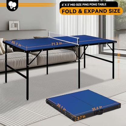6x3 ft Mid Size Portable Ping Pong Table, Indoor Outdoor Folding Table Tennis Table, Table Tennis for Rec Room w/ 2 Paddles, 2 Balls, Game Net and Adjustable Feet, Sturdy Iron Frame (Blue)