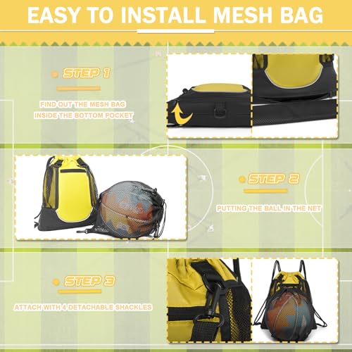 KAEGREEL Drawstring Soccer Bag Basketball Backpack for Kids Teens, Foldable Sports Bags Detachable Ball Mesh Bag for Gym Yoga Football Baseball - color: Yellow