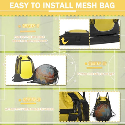 KAEGREEL Drawstring Soccer Bag Basketball Backpack for Kids Teens, Foldable Sports Bags Detachable Ball Mesh Bag for Gym Yoga Football Baseball - color: Yellow