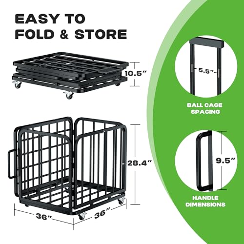 MR Foldable Ball Cart with Wheels, Heavy-Duty Ball Cage Garage Sports Equipment Organizer, Collapsible Metal Rolling Multi Sports Ball Storage for Gym, Lockable Lid, Indoor and Outdoor