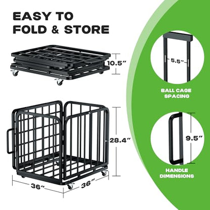 MR Foldable Ball Cart with Wheels, Heavy-Duty Ball Cage Garage Sports Equipment Organizer, Collapsible Metal Rolling Multi Sports Ball Storage for Gym, Lockable Lid, Indoor and Outdoor