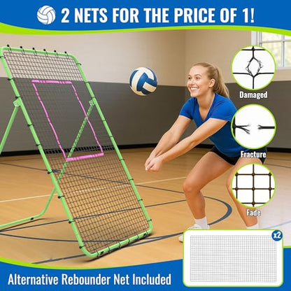 Volleyball Rebounder Net 7x4 FT, 5-Angle Adjustable Bounce Back Net, Steel Frame & PE Training Net for Volleying/Spiking, Rust-Resistant & Durable – w/Travel Bag, 2 NETS - color: Green & Pink