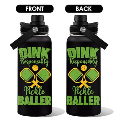 Pickleball Water Bottle 32oz | Insulated Stainless Steel Travel Tumbler with Lid Leak-Proof Keep Hot or Cold, BPA-Free |Dink Responsibly Gifts for Pickleball Lovers