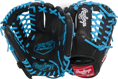 Rawlings | R9 Youth Contour FIT Baseball Glove | Multiple Styles - color: Black / Columbia Blue | Modified Trap-Eze Web, size: 11.5"