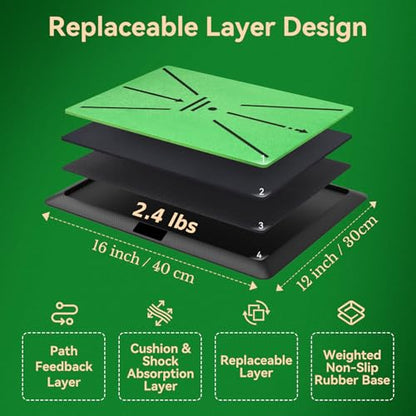 Golf Hitting Mat - 16"x12" Golf Practice Mat Golf Turf Mat, Swing Path Feedback System, Non-Slip Rubber Base, Practice/Training Gifts | Indoor/Outdoor Use Golf Gift for All Skill Levels