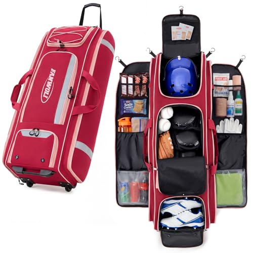 100L Rolling Catchers Gear Bag - Large Baseball & Softball Duffle with 5 Fence Hooks, Locker-Style Organizer, Holds 8 Bats, Vented Shoe Zone - Essential Pro Edition - color: Cardinal Maroon