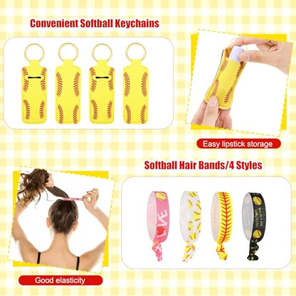 Elcoho 122 Pieces Softball Party Favors Set Softball Team Gifts with 12 Sets Makeup Bags, Hairbrushes, Mirrors, Headbands, Bracelets, Keychains and 50 Stickers for Sports Birthday Party Supplies