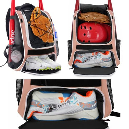 WOLT Youth Baseball Bag - Bat Backpack for Baseball, T-Ball & Softball Equipment & Gear, Bat & Glove Holder, Large Main Compartment for Helmet & accessories, Separate Shoes Compartment, Fence Hook - color: Lightpink
