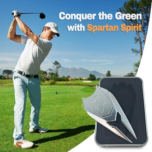 Golf Divot Repair Tool with Belt Clip & Magnetic Ball Marker | Spartan Helmet Design | Solid Metal Non-Foldable Golf Gift for Men | Silver, Black