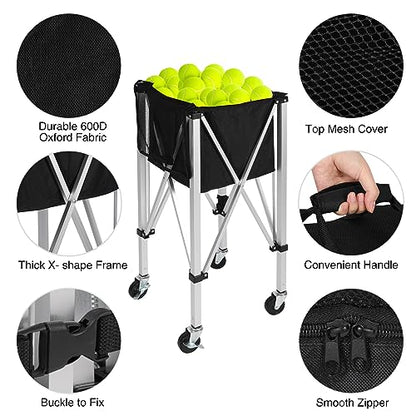 Portable Tennis Ball Hopper Holds 180 Balls, Tennis Ball Basket Cart with 4 Wheels & Brakes, Detachable Oxford Fabric Bag for Tennis and Pickleball Training, Black - color: Silver Aluminum