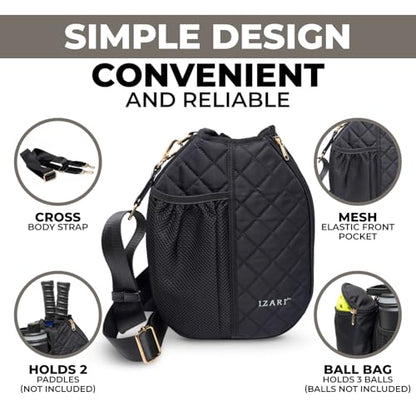IZARI Designer Pickleball Bag For Women With Fence Hook | Original Stylish Quilted Sports Bag for Pickle Ball with Ball Bag - size: Small