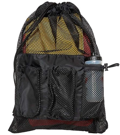 Sporti Swimming Equipment Bag Zipper Pocket, Mesh Drawstring Backpack, Drawstring Bags, Big Mesh Backpack for Workout Gear - color: Equipment - Black, style: 4. Two Shoulders & Pockets