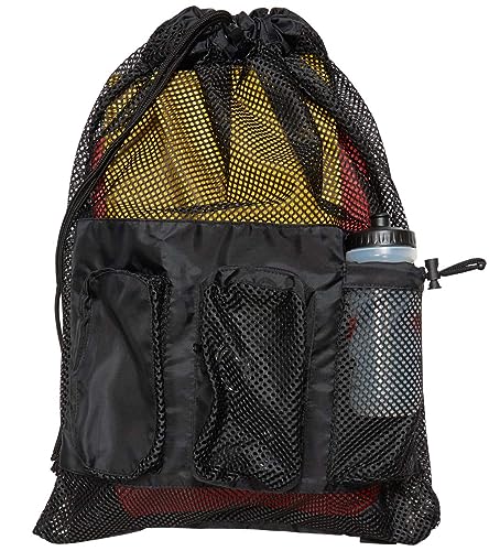 Sporti Swimming Equipment Bag Zipper Pocket, Mesh Drawstring Backpack, Drawstring Bags, Big Mesh Backpack for Workout Gear - color: Equipment - Black, style: 4. Two Shoulders & Pockets