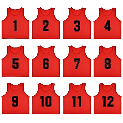 12 Pack Numbered（1-12） Scrimmage Vests/Sport Pinnies/Training Bibs For Basketball,Soccer, Volleyball and Baseball - color: Red1-12, size: Mediun