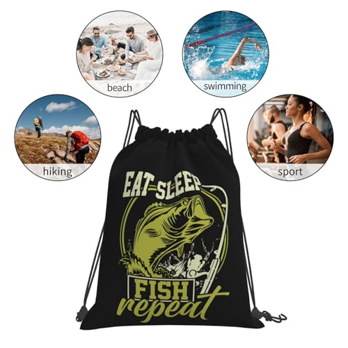 Eat Sleep Fish Repeat Unisex Drawstring Backpack Bag Sport Gym Travel Swim Sackpack - color: Eat Sleep Fish Repeat