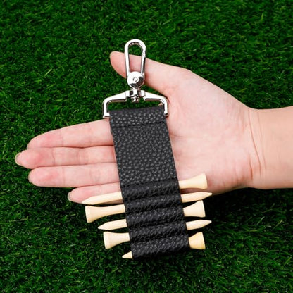 Golf Tee Holder Carrier with Keychain - Portable PU Leather Caddy Organizer for 5 Tees, Clip-on Golf Bag Accessories & Gifts for Men Women (Black)