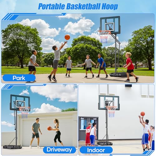 Asbest 44" Portable Basketball Hoop Outdoor 5.5-10ft 16 Levels Smooth Adjustable Height System with Heavy-Duty Steel Frame & Shatterproof PC Backboard for Kids, Teens, Adults-Driveway & Backyard