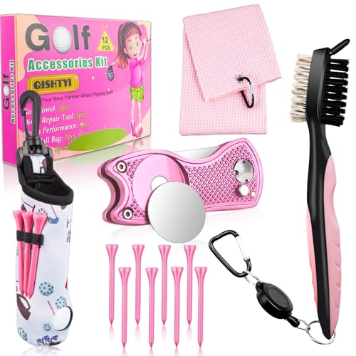 12Pcs Golf Accessories Kit Include Golf Ball Bag Golf Tees Golf Towel Golf Club Cleaner Brush Groove Cleaner Tool Divot Tool Magnetic Ball Marker,Best Golf Gift for Women Man
