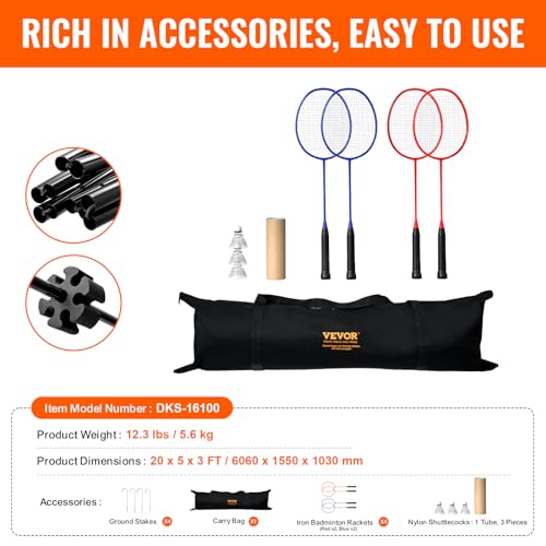 VEVOR Badminton Net, Height Adjustable Volleyball Net, Wide Foldable Pickleball Net, Portable Easy Setup Tennis Net Set with Poles, Stand and Carry Bag, for Kids Backyard Game Indoor Outdoor Use - size: 20 ft