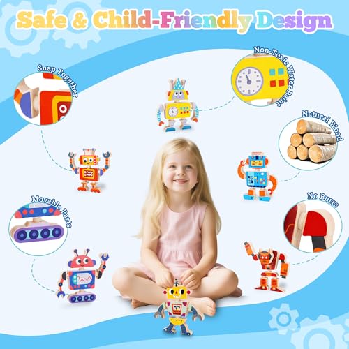 Wooden Robot Building Blocks Toys, STEM Montessori Preschool Toys for 3+ Year Old Toddlers, 35 Pcs Snap Together Take Apart Toy Playset for Kids Ages 3-5, Boys Girls Christmas Birthday Gifts
