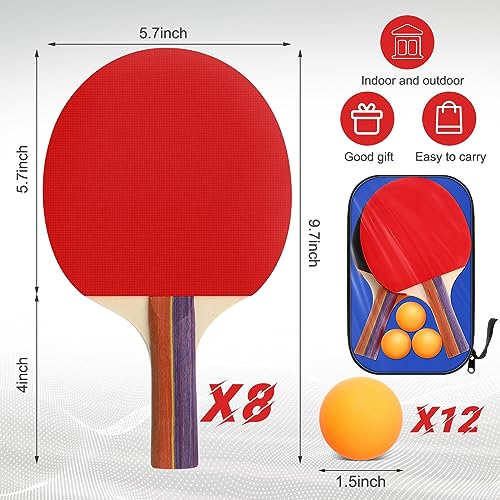 Liliful 8 Pieces Table Tennis Paddle Set Portable Indoor Tennis Rackets Accessories Bulks with 12 Balls and Storage Bag for Indoor Outdoor Kids Adult Professional Games