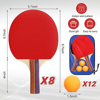 Liliful 8 Pieces Table Tennis Paddle Set Portable Indoor Tennis Rackets Accessories Bulks with 12 Balls and Storage Bag for Indoor Outdoor Kids Adult Professional Games