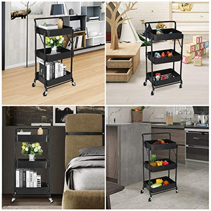 Foldable 3 Tier Metal Utility Rolling Cart, Folding Mobile Multi-Function Storage Trolley Organizer Cart for Home Library Office(Black) - color: Black