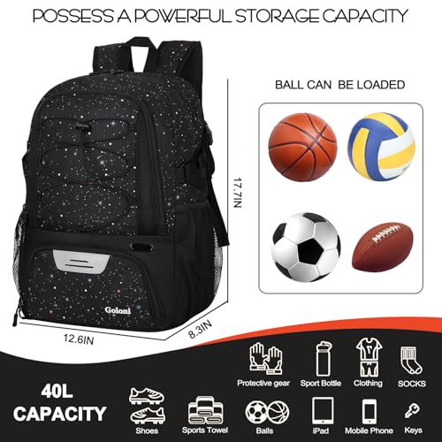 Goloni Basketball Backpack,Large Sports Bag with Ball Compartment & Shoe Compartment,Basketball Bag Fit Volleyball, soccer,Gym - color: Starry Sky Black