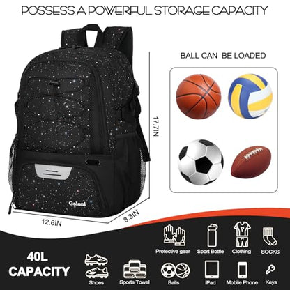 Goloni Basketball Backpack,Large Sports Bag with Ball Compartment & Shoe Compartment,Basketball Bag Fit Volleyball, soccer,Gym - color: Starry Sky Black