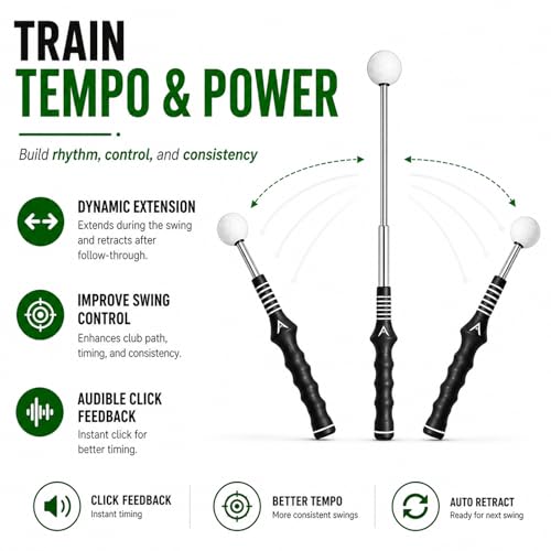 Golf Swing Trainer Aid for Right Handed, Retractable Golf Practice Tool with Click Feedback - Golf Training Aid Includes Wrist Alignment Brace & Correcting Arm Band, Power & Rhythm Training